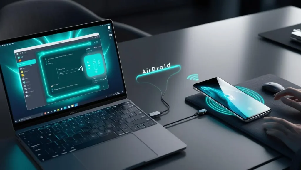 Wirelessly connected smartphone to a laptop using AirDroid for seamless device management