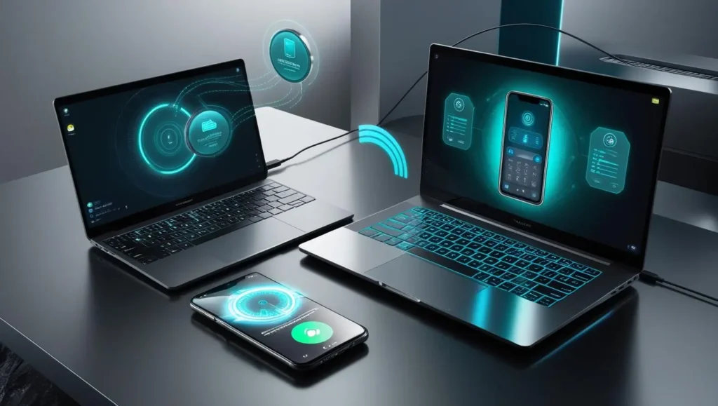 Smartphone wirelessly connected to a laptop using AirDroid web for seamless device management.