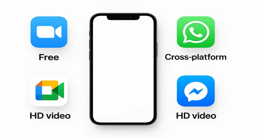 Smartphone silhouette surrounded by Zoom, WhatsApp, Google Meet, and Messenger icons with captions like “Free,” “HD video.”