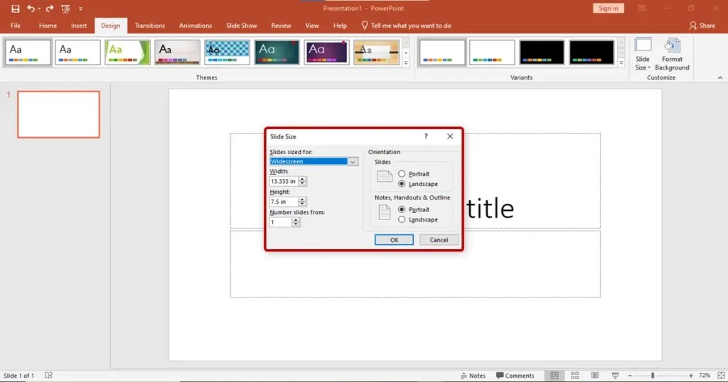 PowerPoint custom slide size settings box showing width and height in inches, centimeters, and pixels.