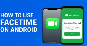 Split-screen image showing iPhone with FaceTime logo and Android phone with incoming FaceTime link in a modern tech setting.