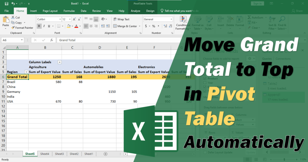Move Grand Total to Top in Pivot Table on MS Excel