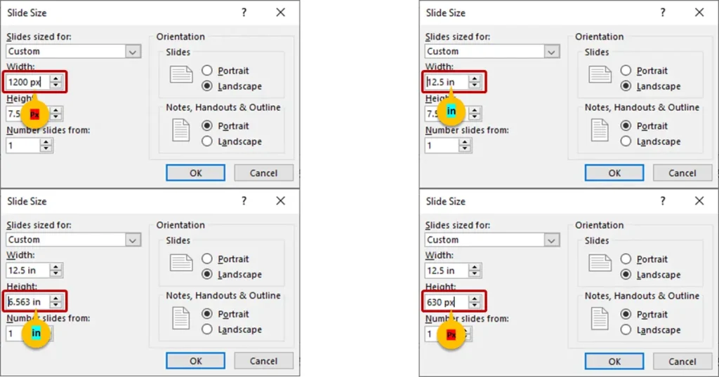 Conversion chart showing PowerPoint slide size in inches, centimeters, and pixels.