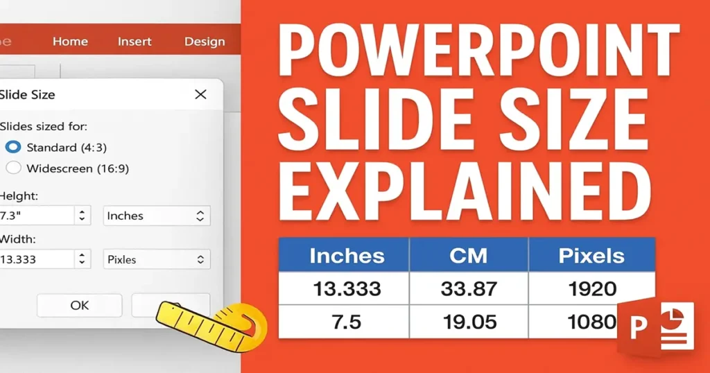 Featured image showing PowerPoint slide size settings with dimensions in inches, cm, and pixels.