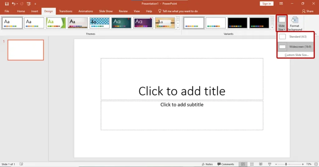 Screenshot of PowerPoint slide size menu comparing standard 4:3 and widescreen 16:9 options.