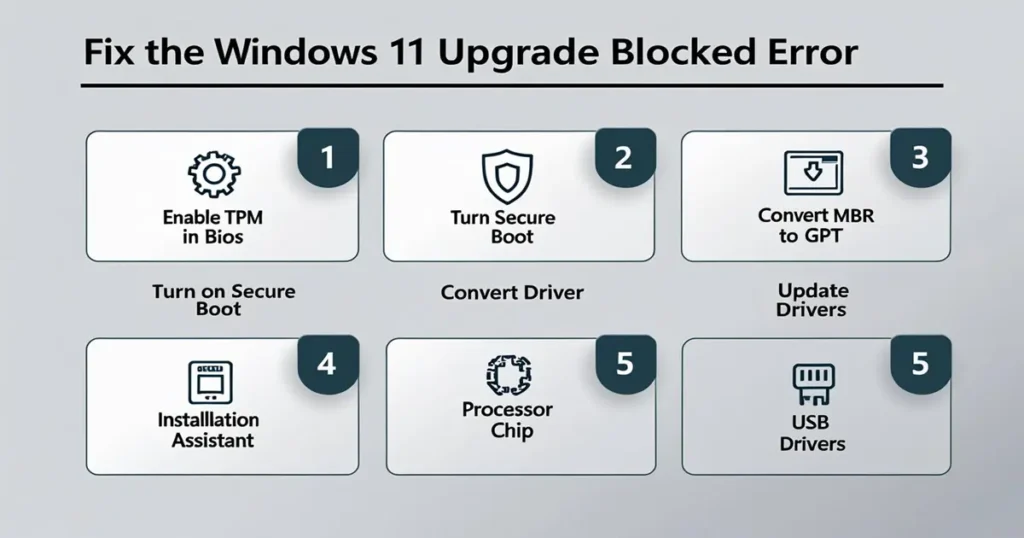 Windows 11 Upgrade Fix Checklist – Visual for article Windows 11 Upgrade Is Blocked