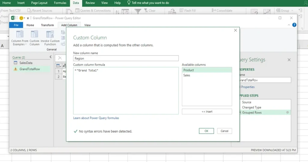 Add Region Column to Label It as Grand Total in MS Excel