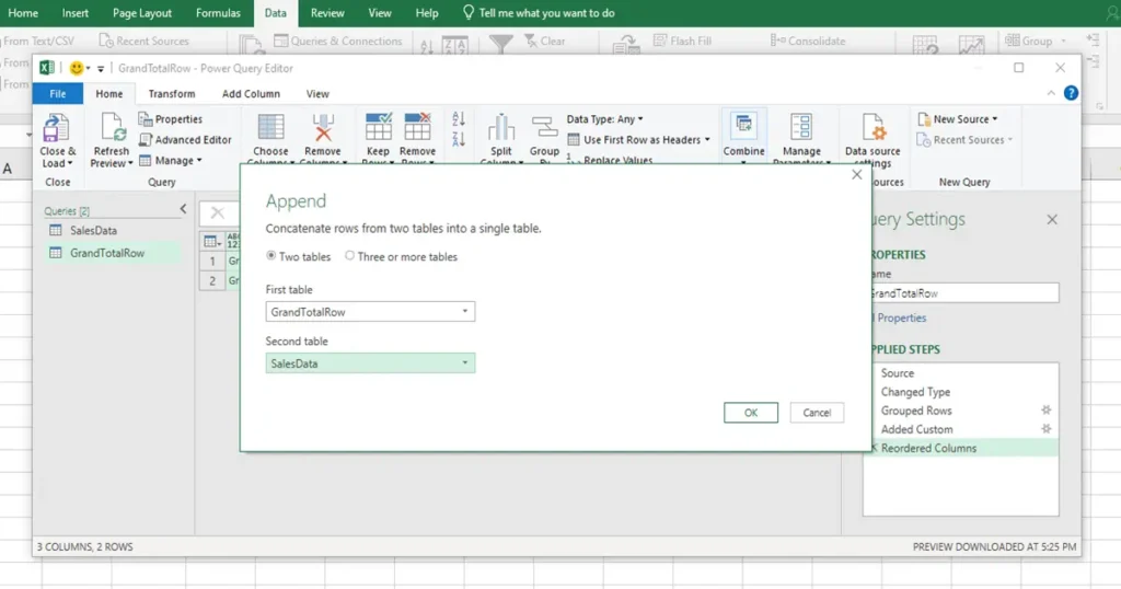 Append Queries (GrandTotal + Original Data) to move grand total to top in pivot table in MS Excel