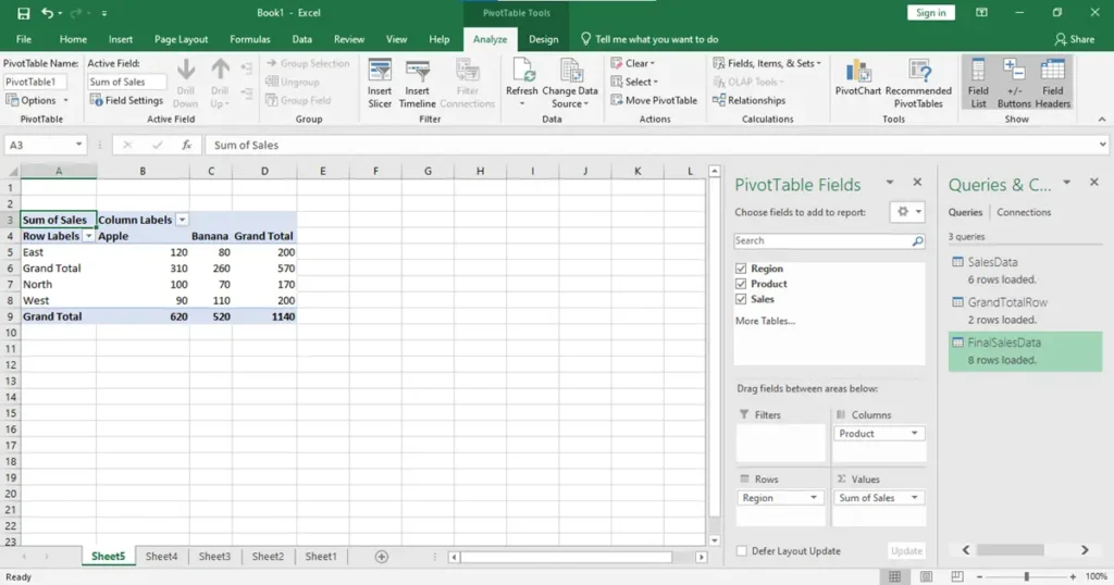 Build the Pivot Table to move grand total to top in pivot table in MS Excel
