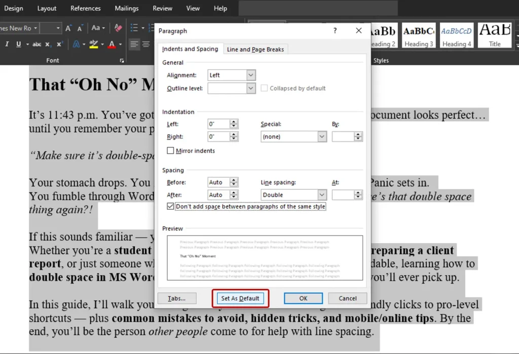 Method 5 – Set Double Spacing as Your Forever Default