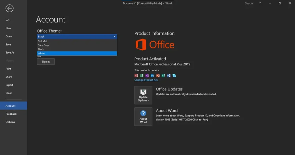 Option 2: Change Theme from Account Settings of Method 1 – How to Change MS Word to Light Mode on Windows (Desktop)
