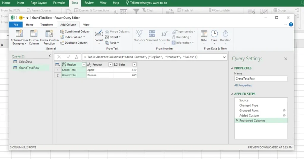 Rearrange Column Order to Match better for move grand total to top in pivot table